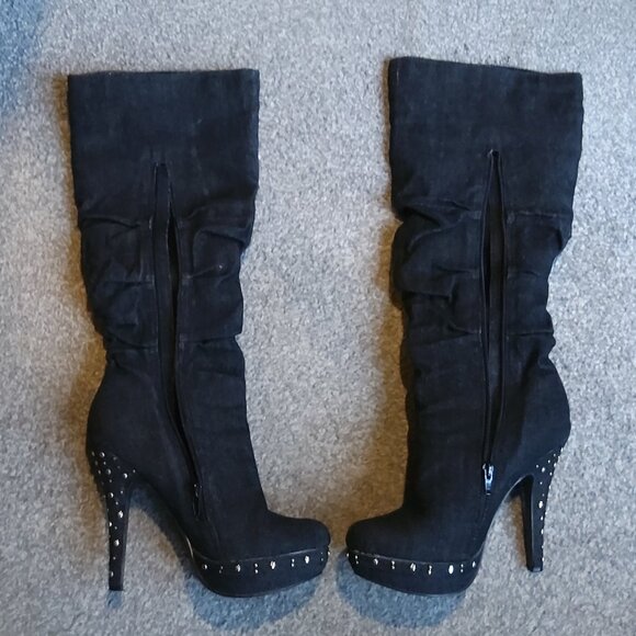 FAHRENHEIT BLACK DENIM STILETTO PLATFORM BOOTS - Picture 4 of 4